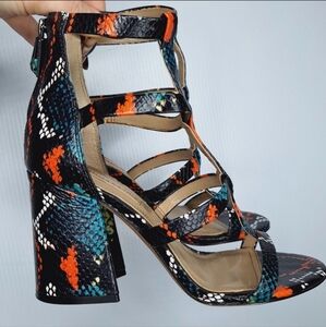 BCBGMAXAZRIA Parley Cage Block Heels Python Snake Skin Print Multi Vibrant Color